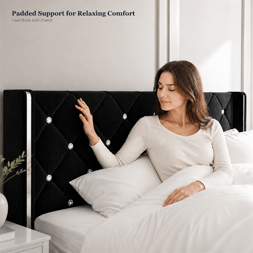 Twin Full Queen King Size Bed Frame, Upholstered Bed Frame with Diamond Tufted Headboard, Modern Silvery Side Wing Back, No Box Spring Needed, Easy Assembly, Purple, Black, Blue, Green, Pink, White