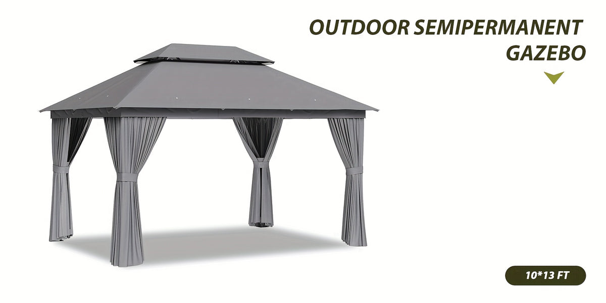 10'x12'/10'x10'/8'x8' Outdoor Gazebo & Pergola for Patio - Double Roof Steel Canopy with Mosquito Net And Privacy Screen, Heavy Duty Party Tent Shelter for Backyard, Lawn, Garden, All-Weather Gazebos with Patio Cover (Grey/Beige/Blue)