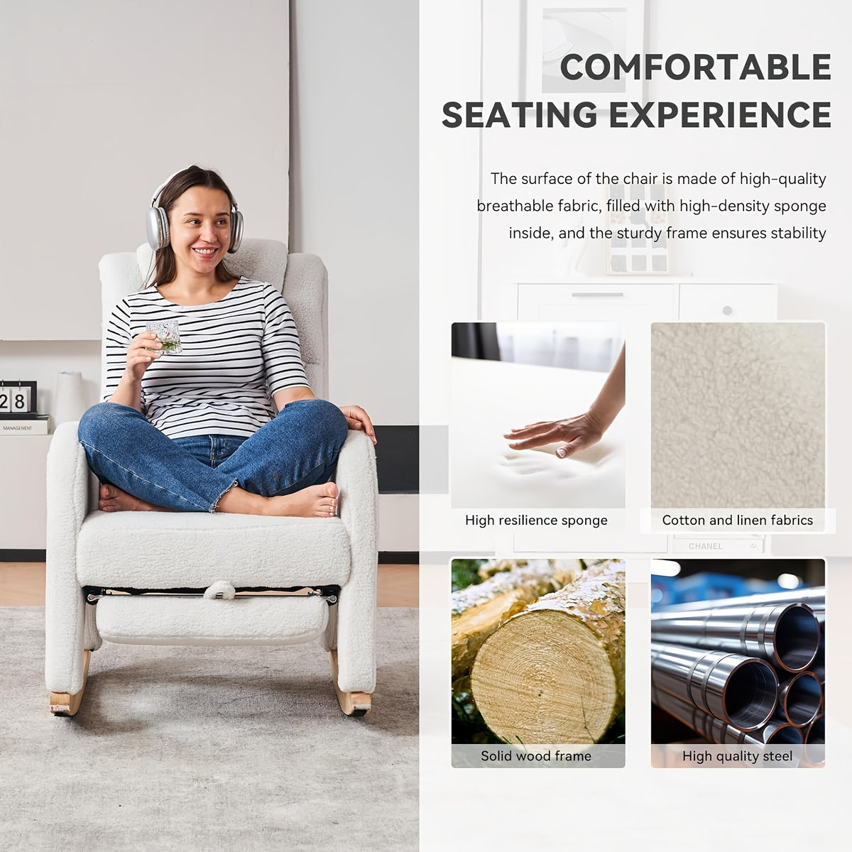 Rocking Chair Nursery, Modern Glider Chair with Adjustable Footrest And Solid Wood Legs, High Backrest Nursery Chair with Side Pocket, Rocker Armchair for Living Room Bedroom
