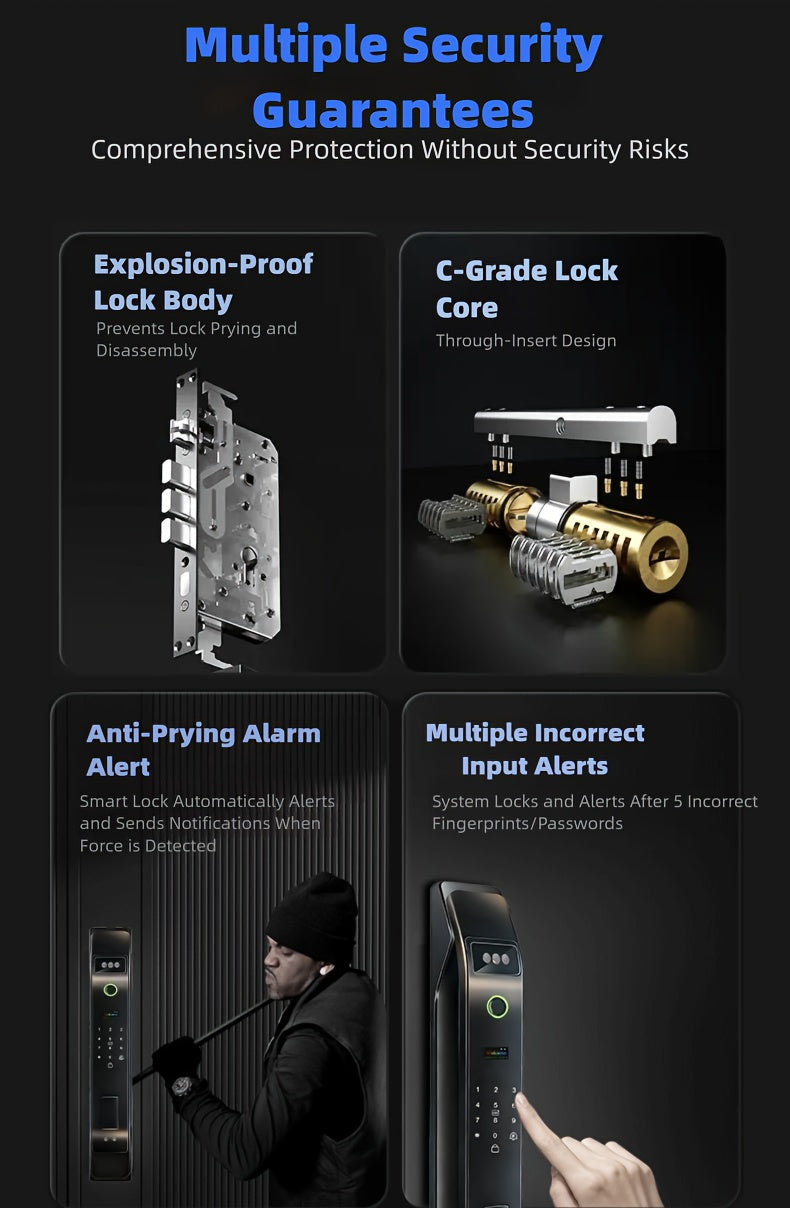Modern AI Smart Lock with 3D Facial & Fingerprint/Palm Vein Biometric Entry, Keyless Door Lock Suitable for Home/Office, Remote Video Intercom System, Mobile App, Password/Key Entry, Smart Door Lock for Apartments