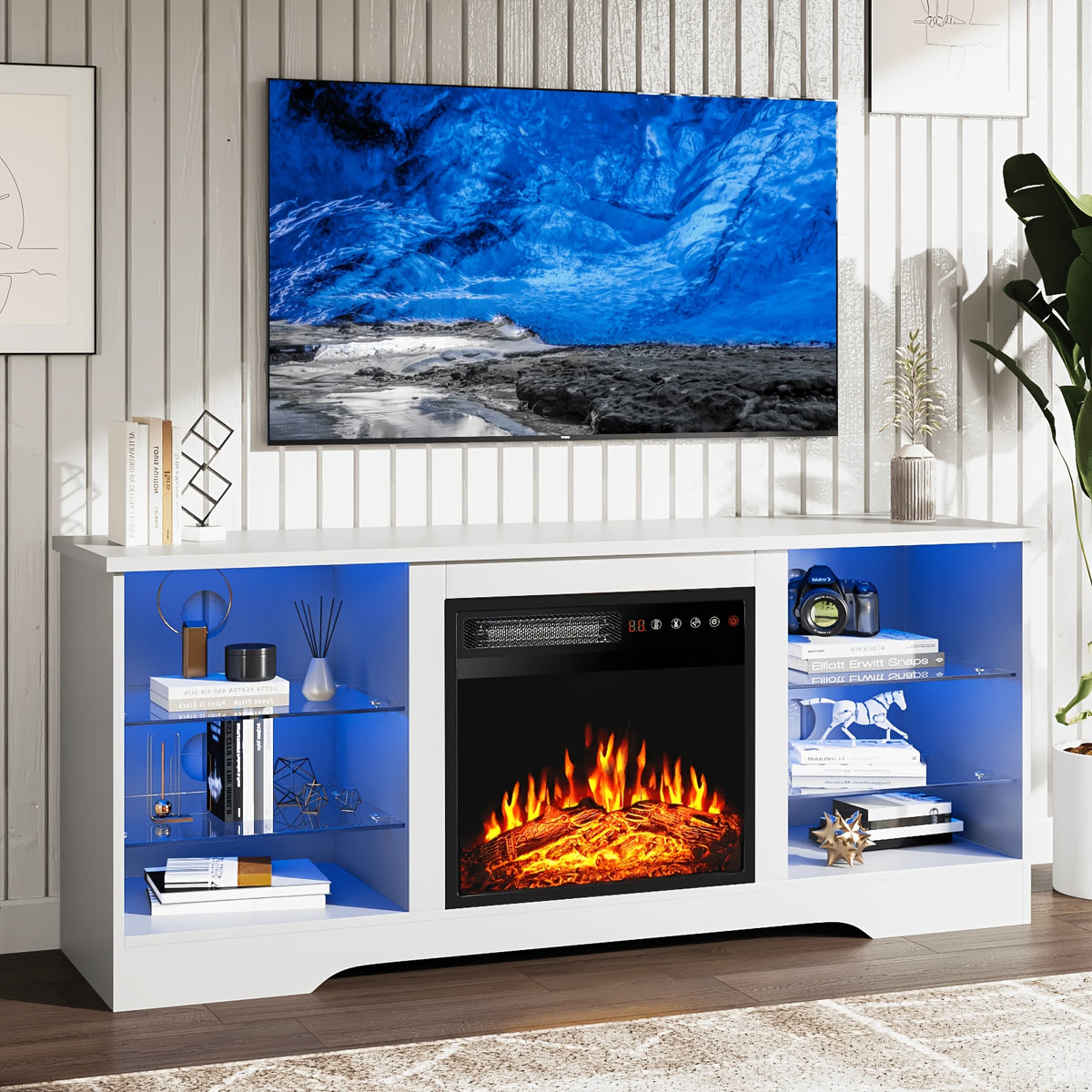 Modern TV Stand with Electric Fireplace - Black Media Console, Adjustable Glass Shelves & Storage Cabinets, Open Shelving, Sturdy Floor-Standing Entertainment Center for Living Room, Compatible with TVs, Gaming consoles, Streaming devices - Easy Assembly