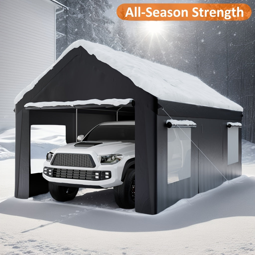 [Extra Large Carport] 12X20 10X20 FT Extra Large Heavy Duty Carport, Upgraded Portable Garage Car Canopy with Roll-Up Ventilated Windows, Removable Sidewalls, Waterproof UV Resistant All-Season Tarp for Parking, Dark Gray Or