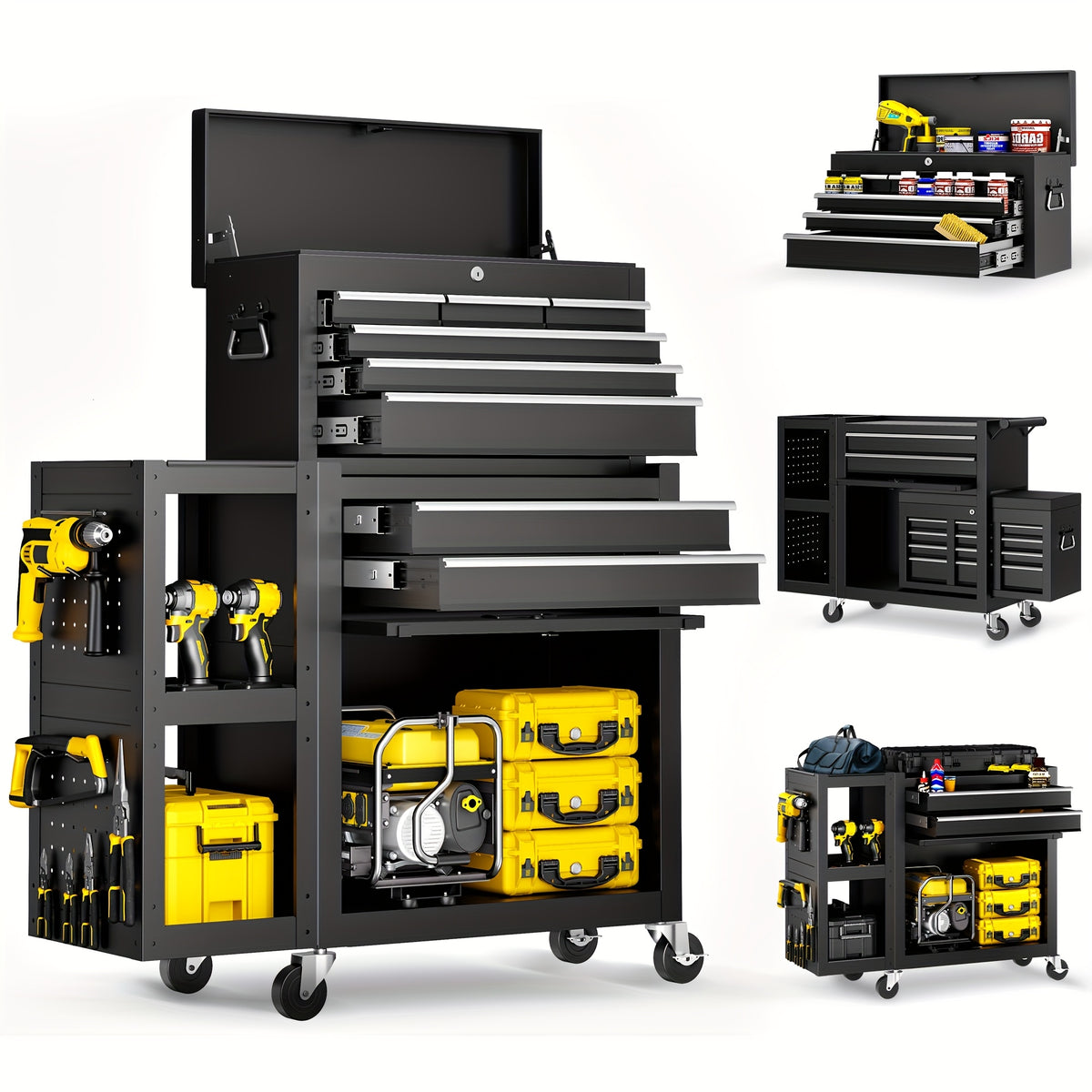 5/8-Drawer Rolling Tool Storage Cabinet with Side Cabinet, Metal Rolling Tool Chest with Wheels And Drawers, Detachable Top Tool Box, High Capacity Tool Storage Cabinet for Workshop Mechanics Garage, for Studios, Garages, Workshops