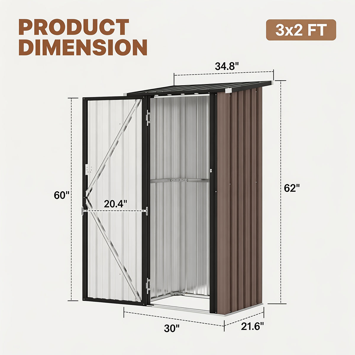 Outdoor Storage Shed in Brown, Galvanized Metal Organizer with Lockable Double Doors and Five Configuration Options