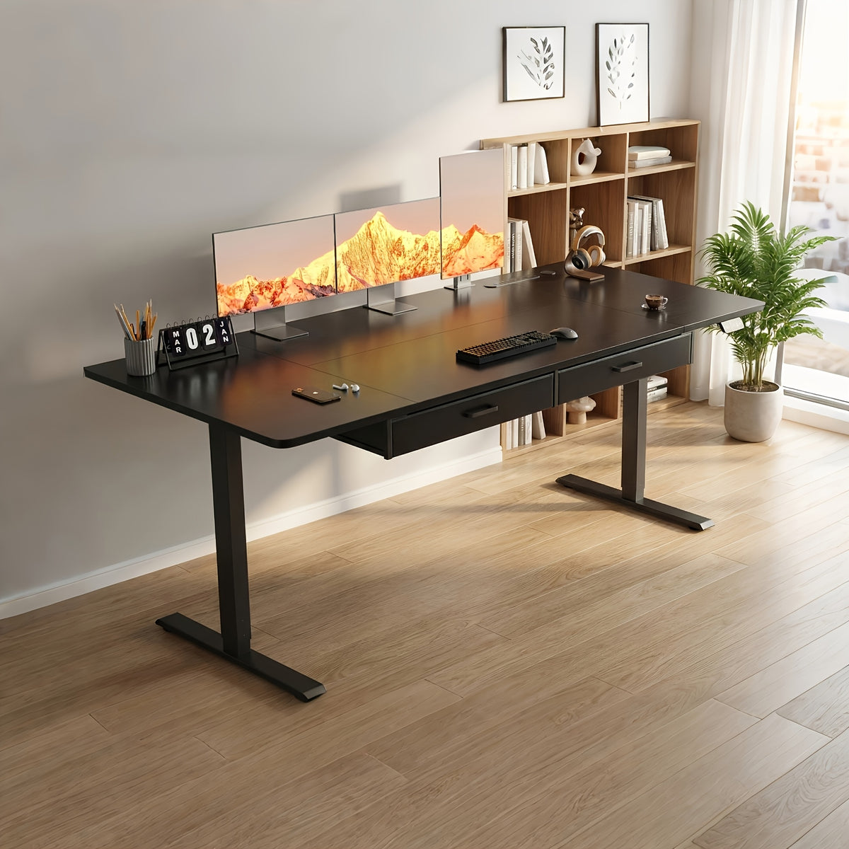 Electric Standing Desk with Dual Drawers and Built-In Power Panel for Home Offices and Gaming Setups
