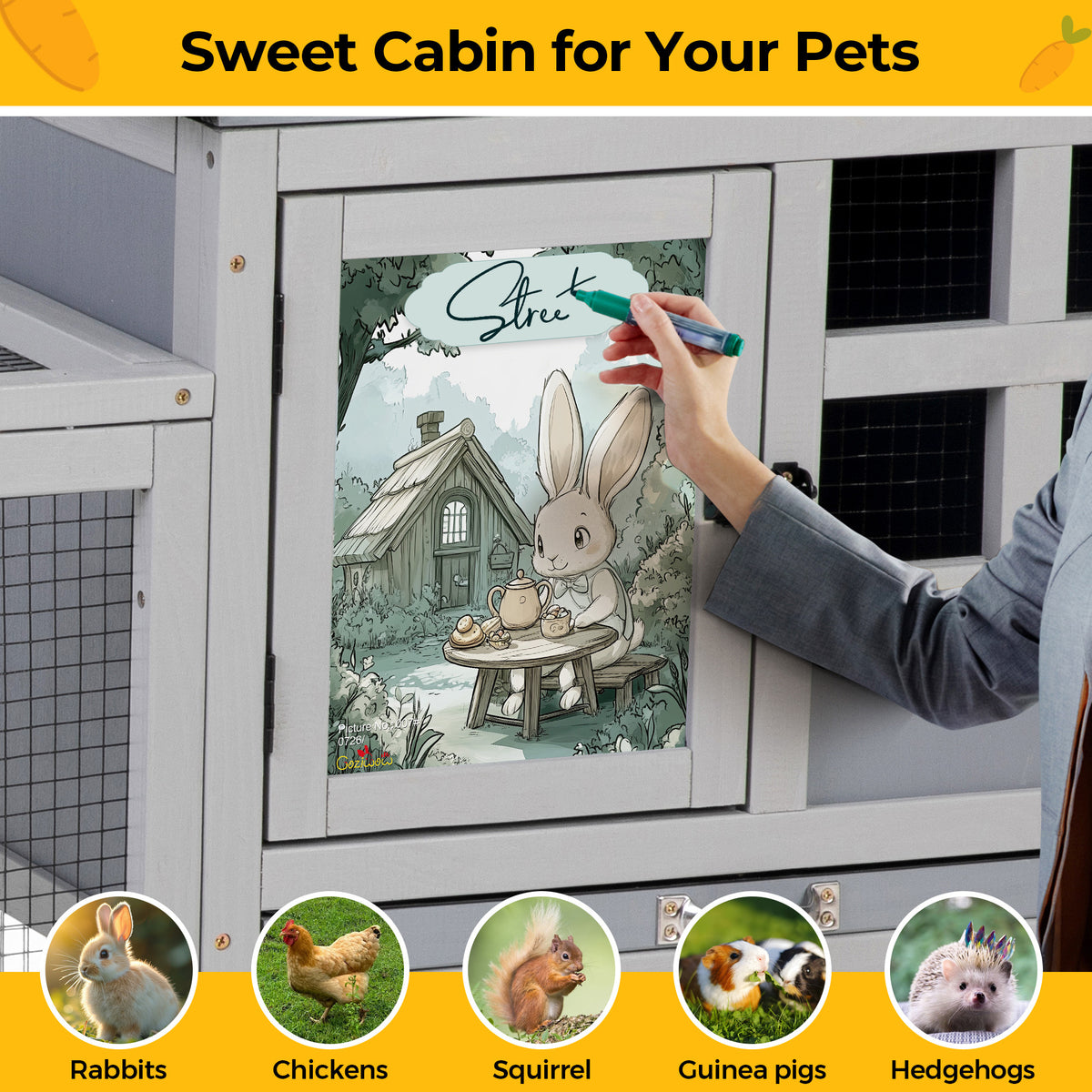 2-Tier Wood Rabbit Hutch, Indoor Outdoor Small Animal House with Removable Tray, Ramp, Openable Roof, Bunny Cage, Grey/Orange with Colorful Patterns