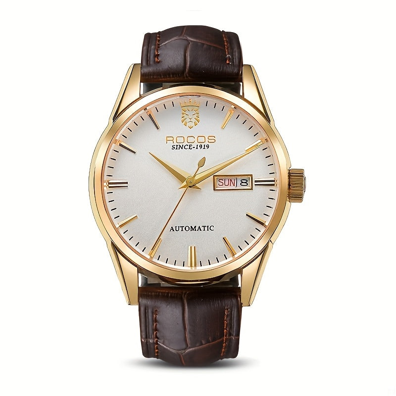 ROCOS Men's Watches High-end Business Watch for Men Automatic Mechanical Watch Classic Big Three Hands Golden Case Calfskin Strap Double Push Butterfly Buckle Calendar Day Of The Week Gift for Boyfriend