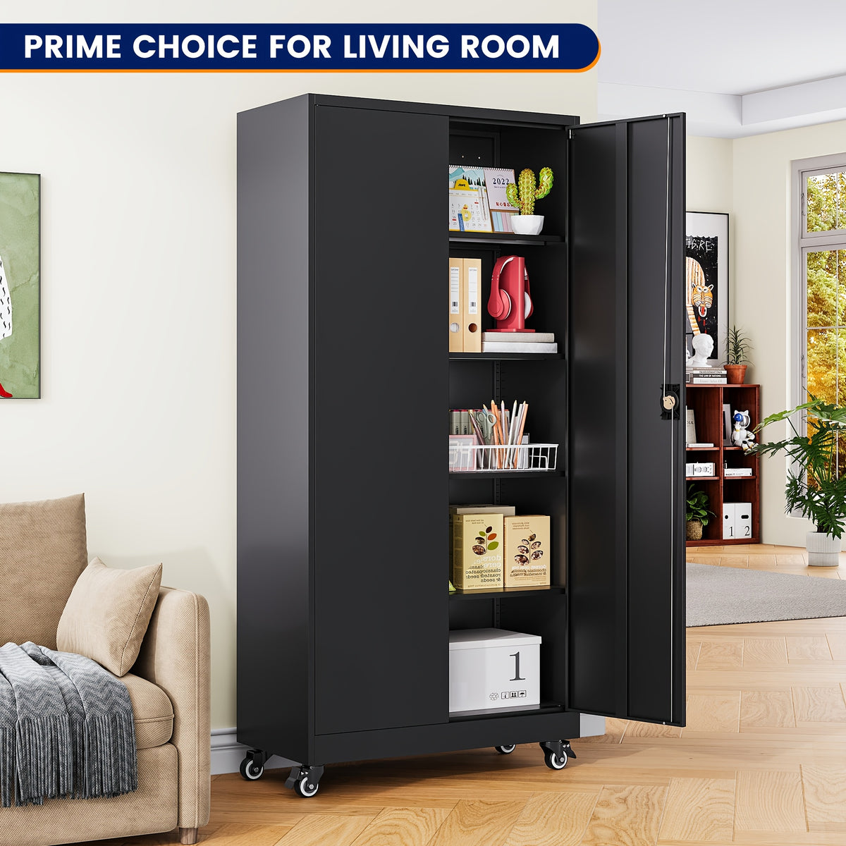 75-Inch Garage Storage Unit: Features 2 Doors, Wheels, 4 Adjustable Shelves, And a Lock. Ideal for Workshops, Homes, Or Offices. Sturdy And Easy to Move