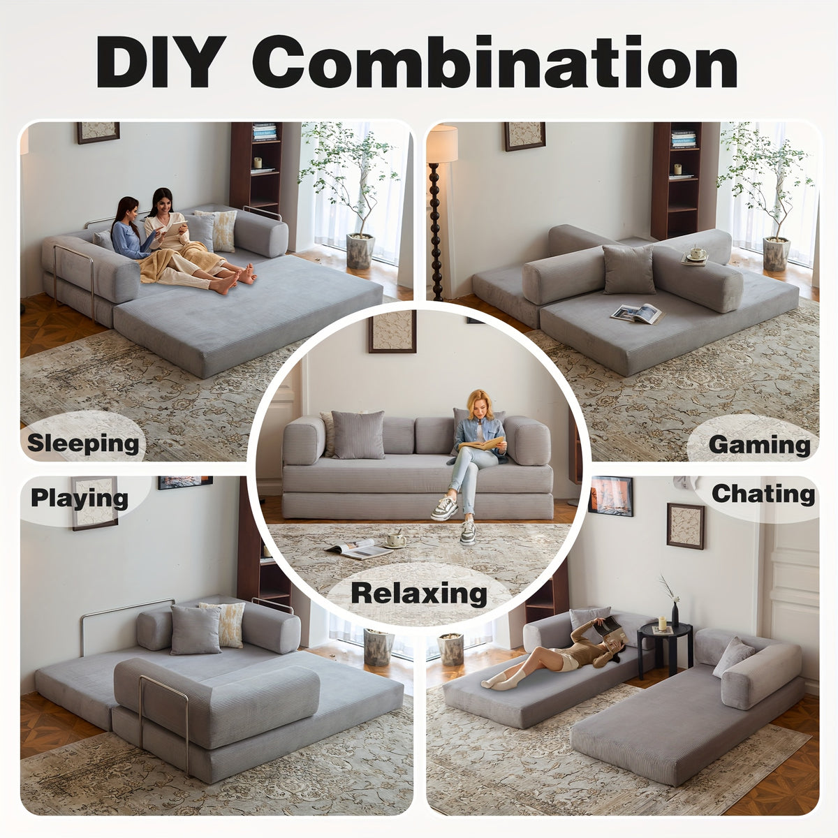 Boneless Sofa Bed, Convertible Modular Sofa With Armrest Pillow, Modular Sofa In A Box Compressed Memory Foam Sofa With Washable Sofa Cover For Living Room, Bedroom, Apartment, No Assembly
