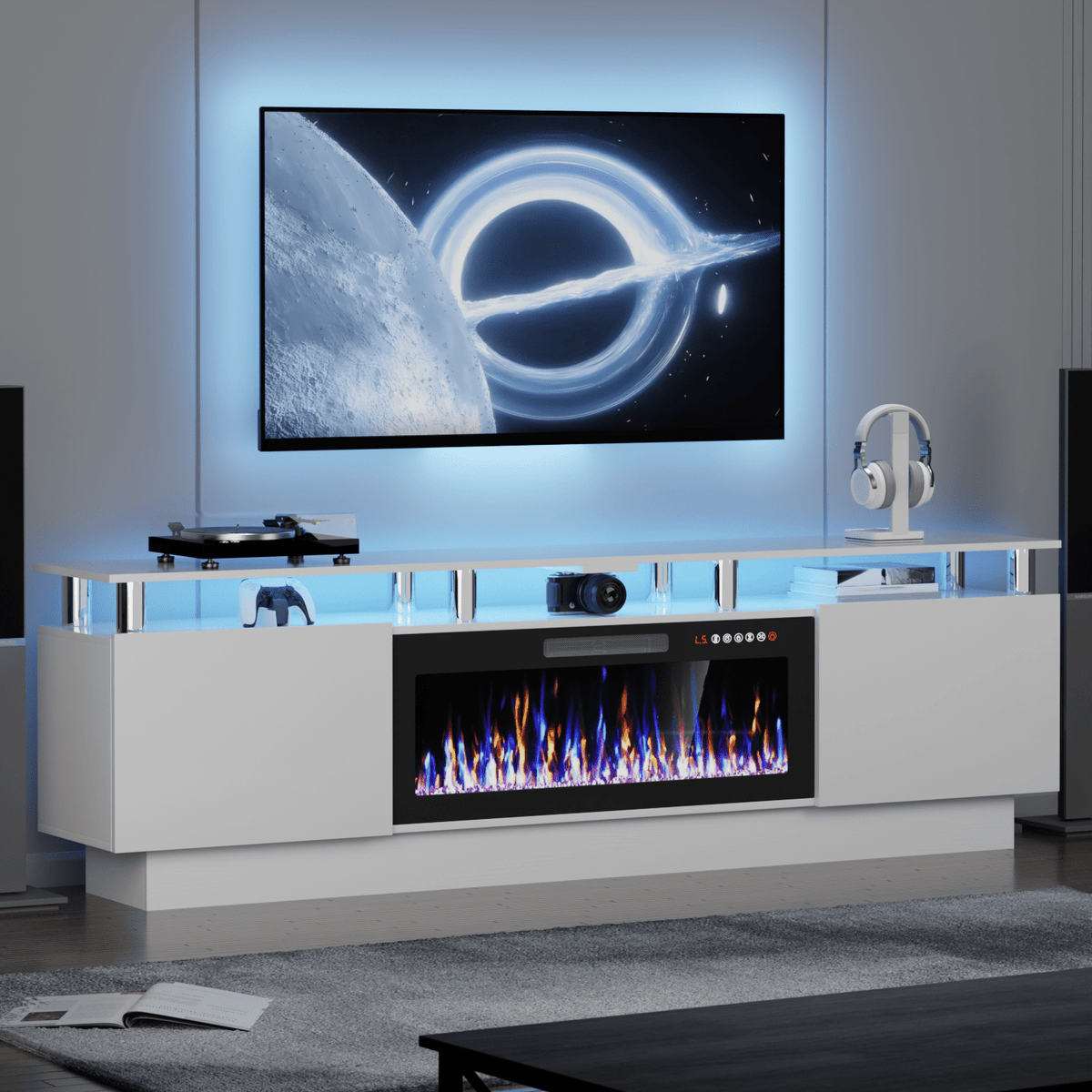 80" Modern Fireplace TV Stand with 36" Electric Fireplace for TVs Up to 90 inch, Luxury LED Light Entertainment Center with High Gloss Cabinet, TV Consoles for Living Room