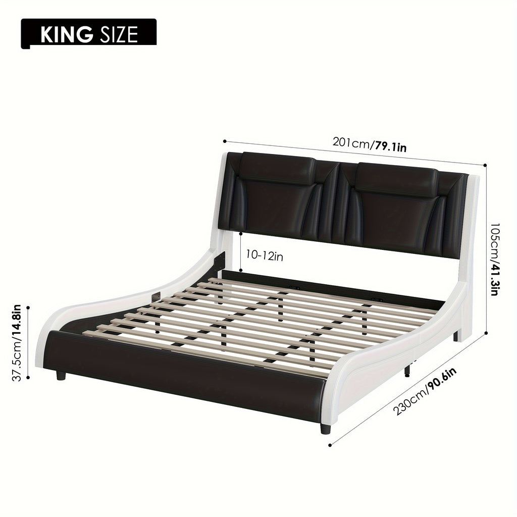 Upholstered Bed Frame Available in Full, Queen, And King Sizes Featuring an Adjustable Headboard, a Wavy Design, a Removable Backrest, And Solid Wooden Slats for Support, Eliminating The Need for a Box Spring, Offered in Faux Leather in White