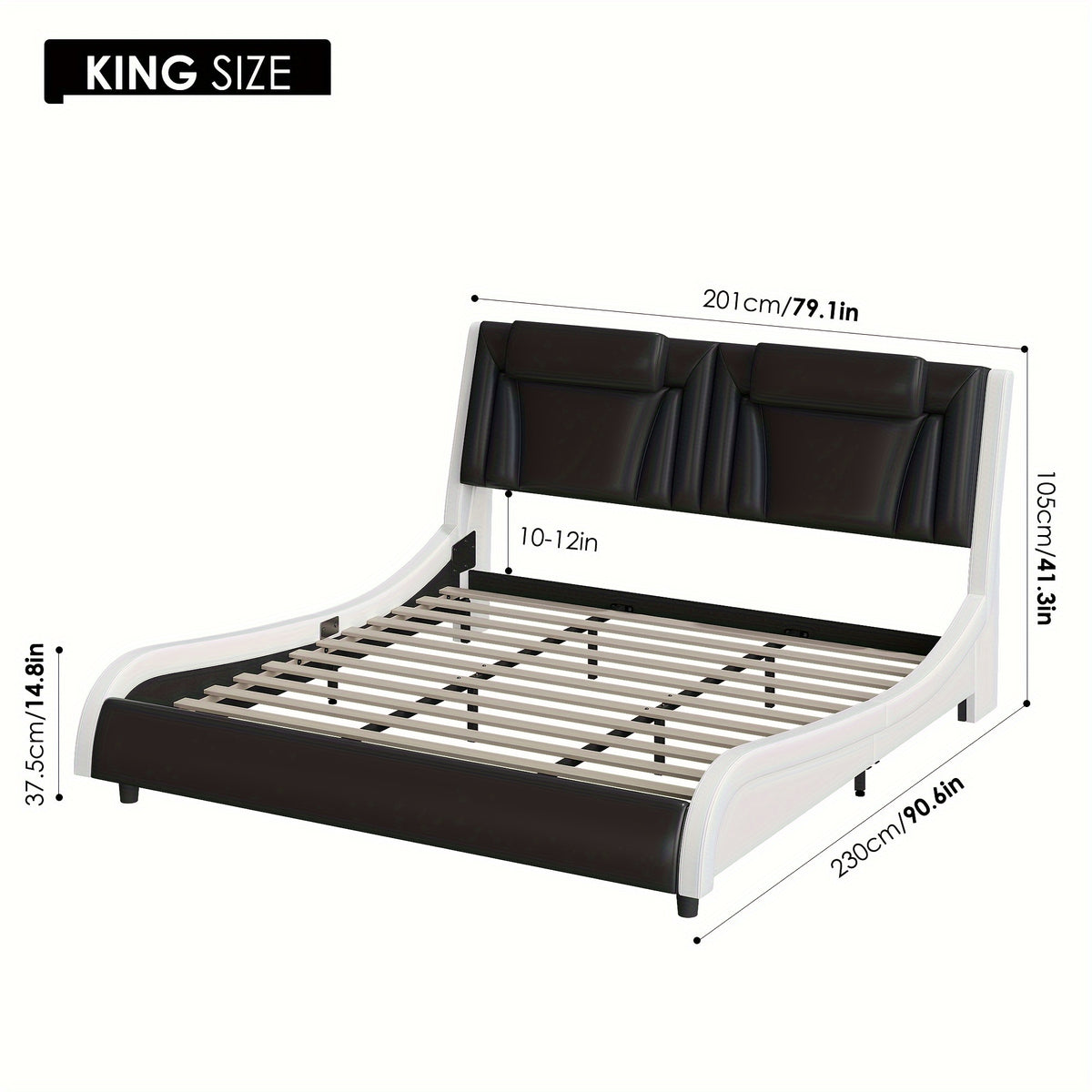 Upholstered Bed Frame Available in Full, Queen, And King Sizes Featuring an Adjustable Headboard, a Wavy Design, a Removable Backrest, And Solid Wooden Slats for Support, Eliminating The Need for a Box Spring, Offered in Faux Leather in White