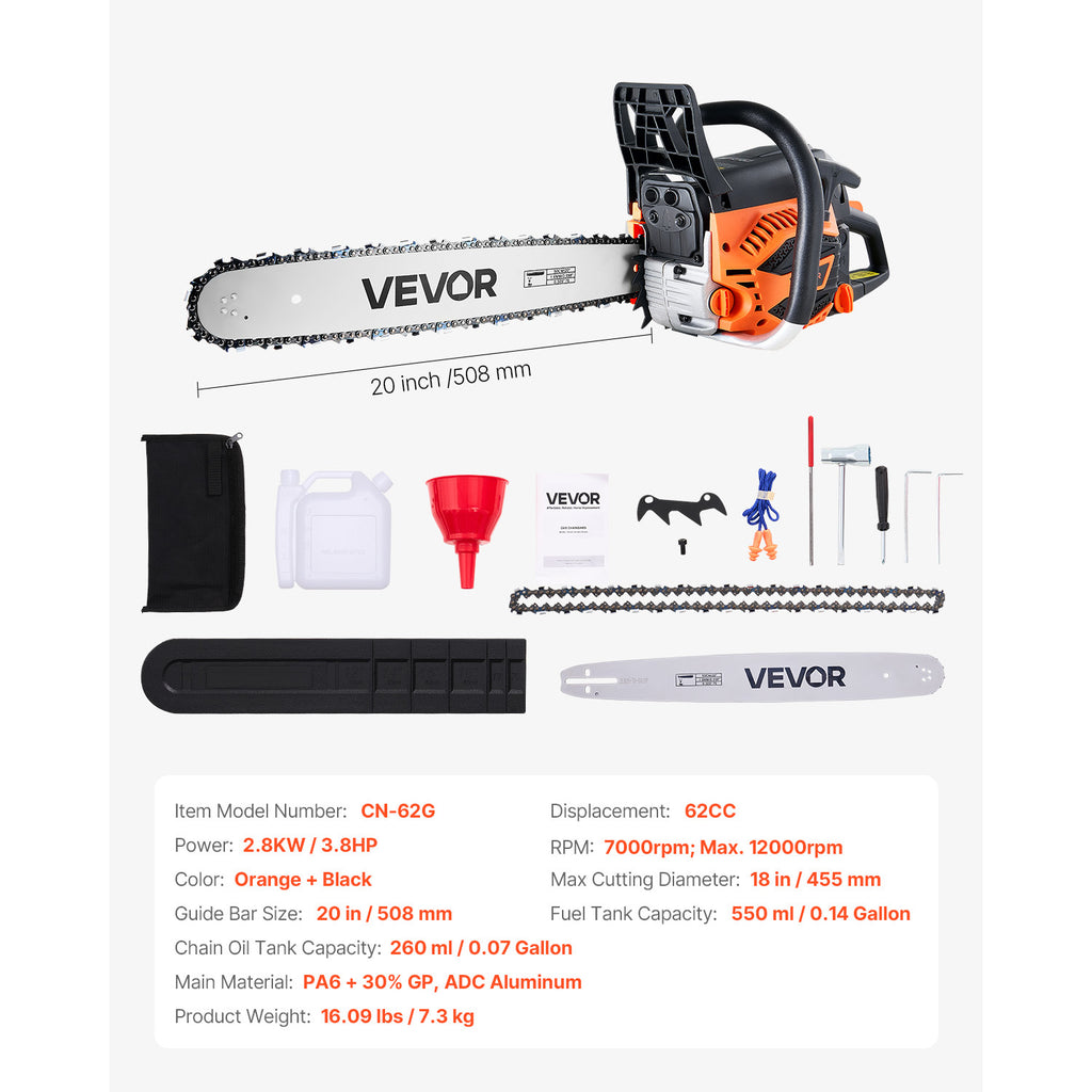 VEVOR 62cc Gas Chainsaw 3.8 HP Gas Powered 20 inch Chainsaw For Wood Cutting