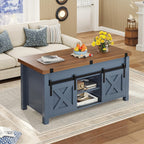 Farmhouse Lift Top Coffee Table with Hidden Compartments And Open Shelves, Center Table with Sliding Barn Door for Living Room Home Office, Light Oak Gray