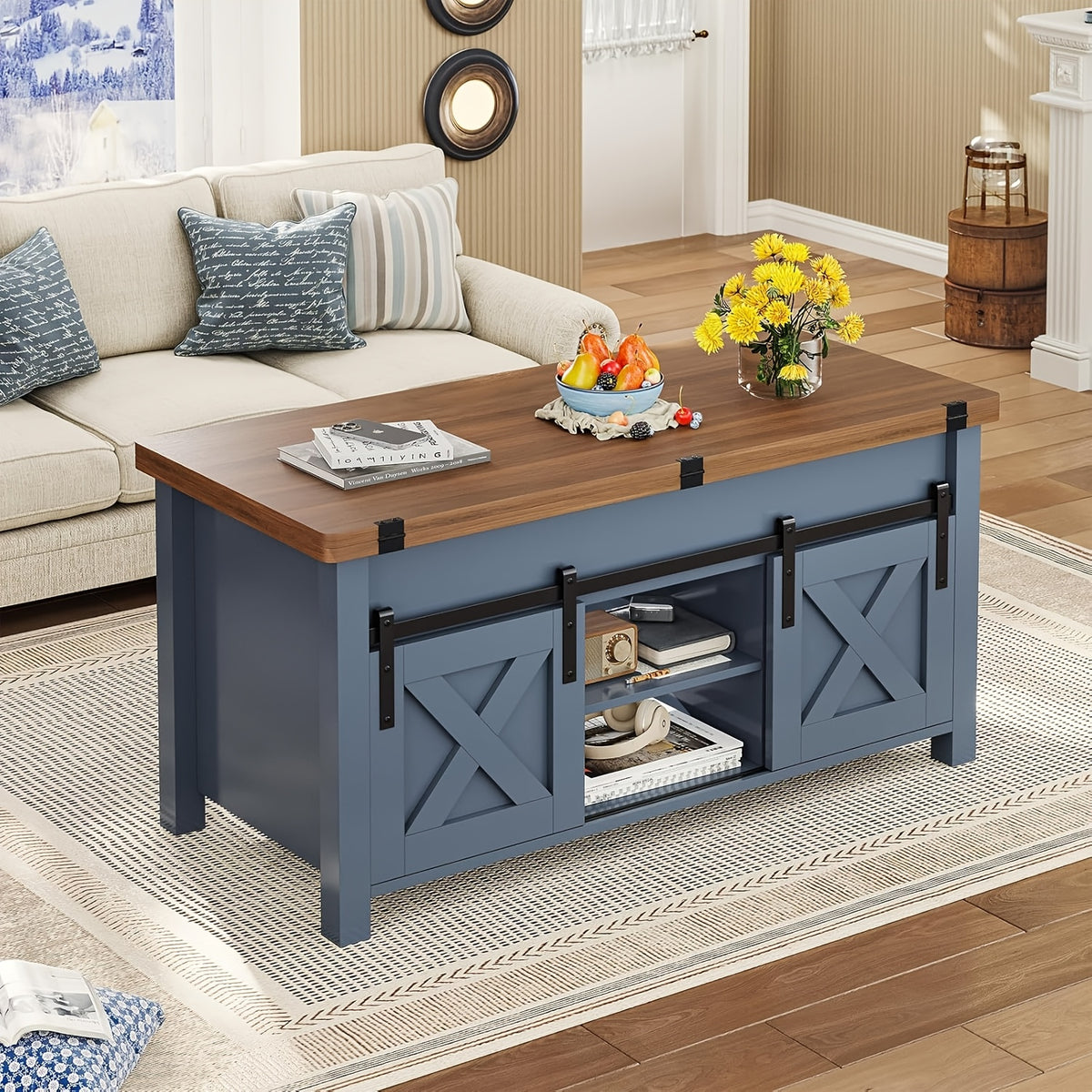 Farmhouse Lift Top Coffee Table with Hidden Compartments And Open Shelves, Center Table with Sliding Barn Door for Living Room Home Office, Light Oak Gray