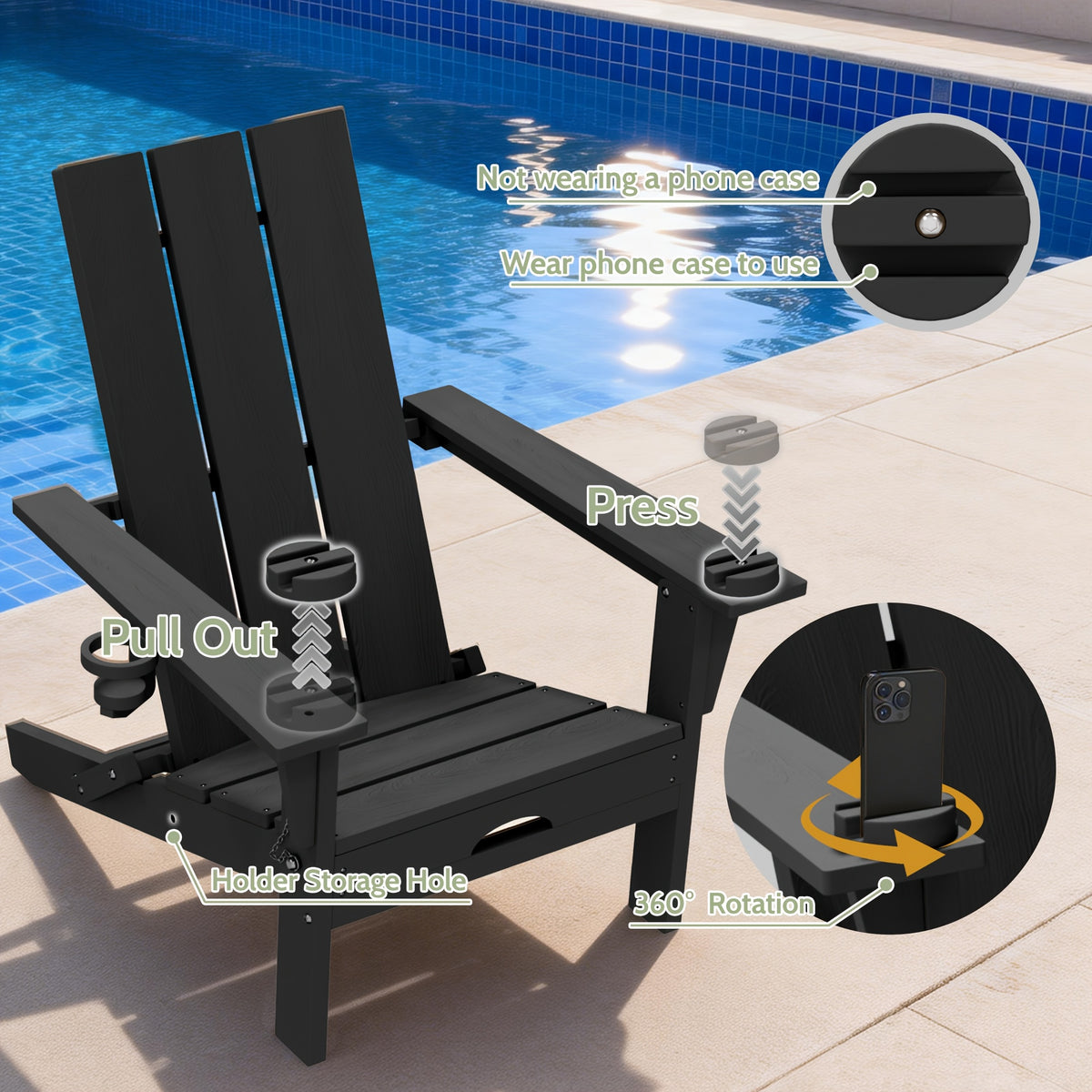 LEASBAR Folding Adirondack Chair Outdoor Fire Pit Chair For Patio Garden Backyard Pool Deck With Phone Holder And Cup Holder, Heavy All-Weather HDPE Comfortable Campfire Chairs Poolside Lawn 1pc, 2pcs, 3pcs(2pcs Chair+1table), 4pcs