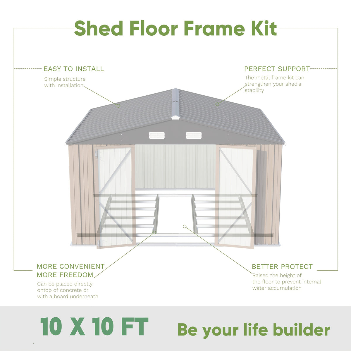 GUNJI 10 X10ft & 8 X 6ft 6 X 4ft & 5 X 3ft Storage Shed with Floor Frame, Metal Tools Shed with Design Of Lockable Doors, Utility And Tool Holder for Garden, Workshop, Backyard, Can Hold Various Tools