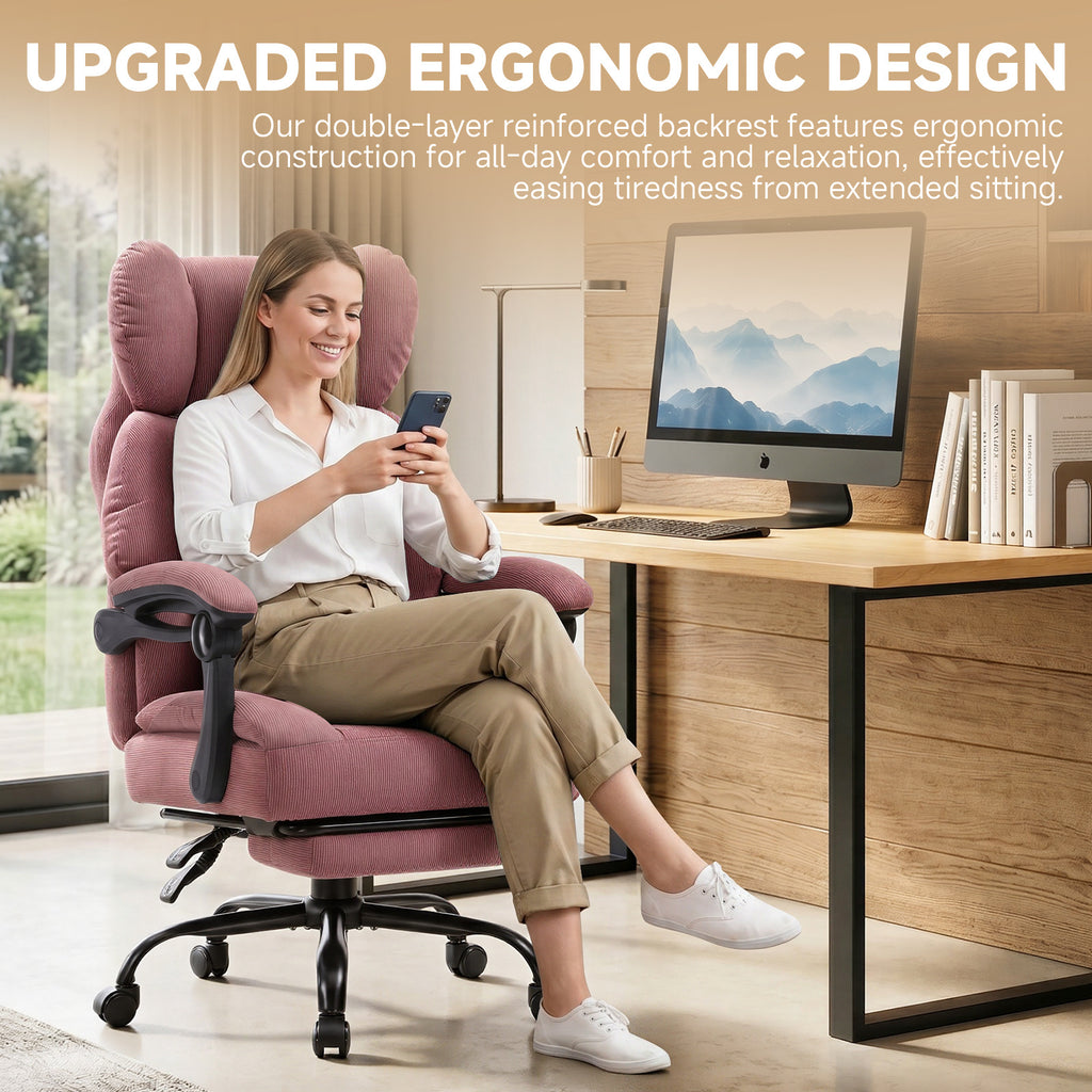 Ergonomic High Back Office Chair with Linkage Widened Armrest, Big&Tall Executive Office Chair, Gaming Chair, Thick Pocket Spring Wide Seated Cushion, Desk Chair with Retractable Footrest for Adults, Faux Leather/Corduroy/Fabric, OC-305