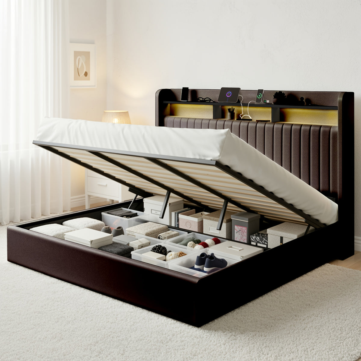 WEEWAY Lift Up Storage Bed Frame, Velvet Vertical Channel Headboard, LED Light And Charging Station, Hydraulic Support, Noise-Free Wooden Slats, No Box Spring Needed, Bedroom Furniture, Masterroom, Guestroom, White, Black, Cream, Grey, Free Shipping