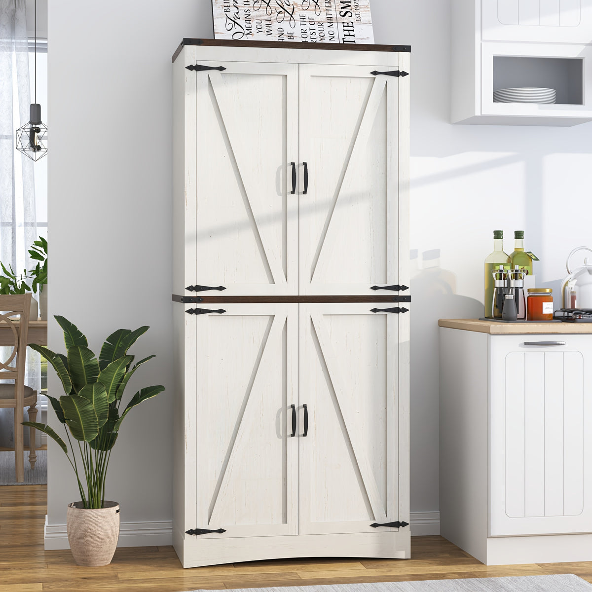 Farmhouse Tall Storage Cabinet with 4 Doors & Adjustable Shelves, 71in Pantry Cabinet for Kitchen, Living Room, Dining Room, Bathroom, Rustic Wood Storage Cabinet