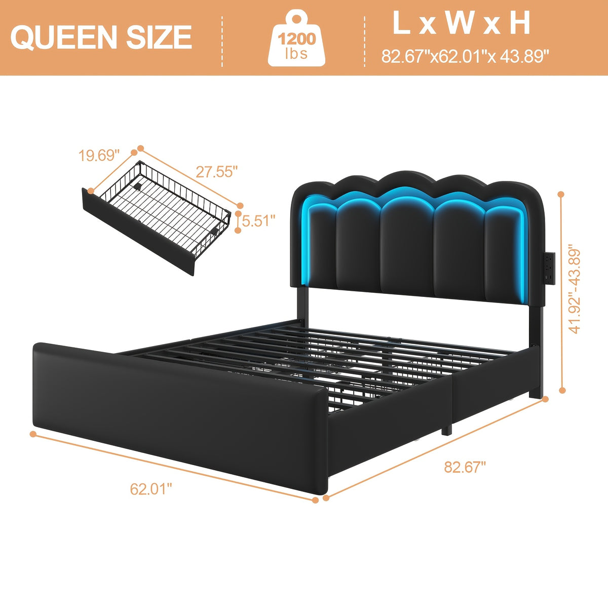 Upholstered Platform Bed Frame with 4 Storage Drawers & Adjustable Headboard, Full/Queen Size Bed Frame with LED Lights & Charging Station, Strong Metal Slats Support, No Box Spring Needed, Easy Assembly, Black/White