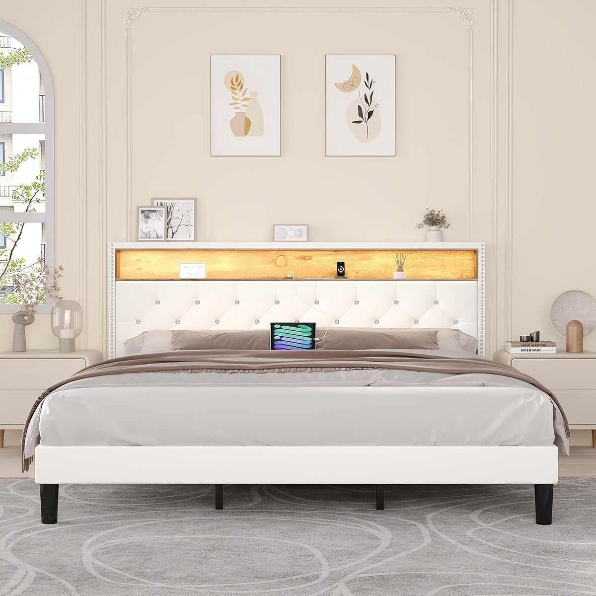 Bed Frame with LED Lights, Velvet Upholstered Platform Bed with Storage Headboard, Charging Station And Diamond Tufted Design - No Box Spring Required - Easy Assembly - Black