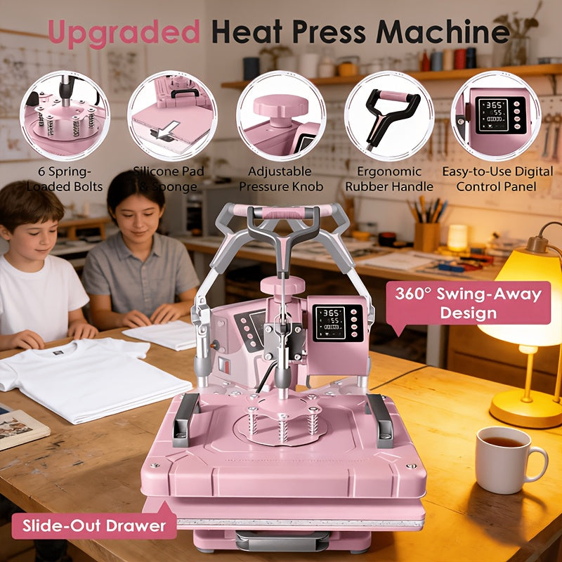 12x15 Inch 5in 1 Heat Press Machine, 360° Swing Away Sublimation Heat Press with 20oz & 30oz Tumbler Attachments, Multifunctional for T-Shirts, Mugs, Hats And Plates, Pink