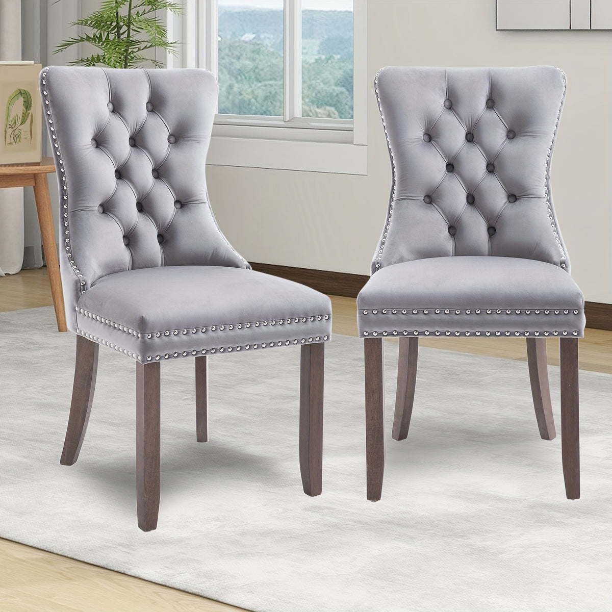 Velvet Upholstered Dining Chairs Set Of 2, Wingback Dining Room Chairs with Ring Pull Trim And Button Back, Luxury Tufted Dining Chair for Living Room, Bedroom, Kitchen