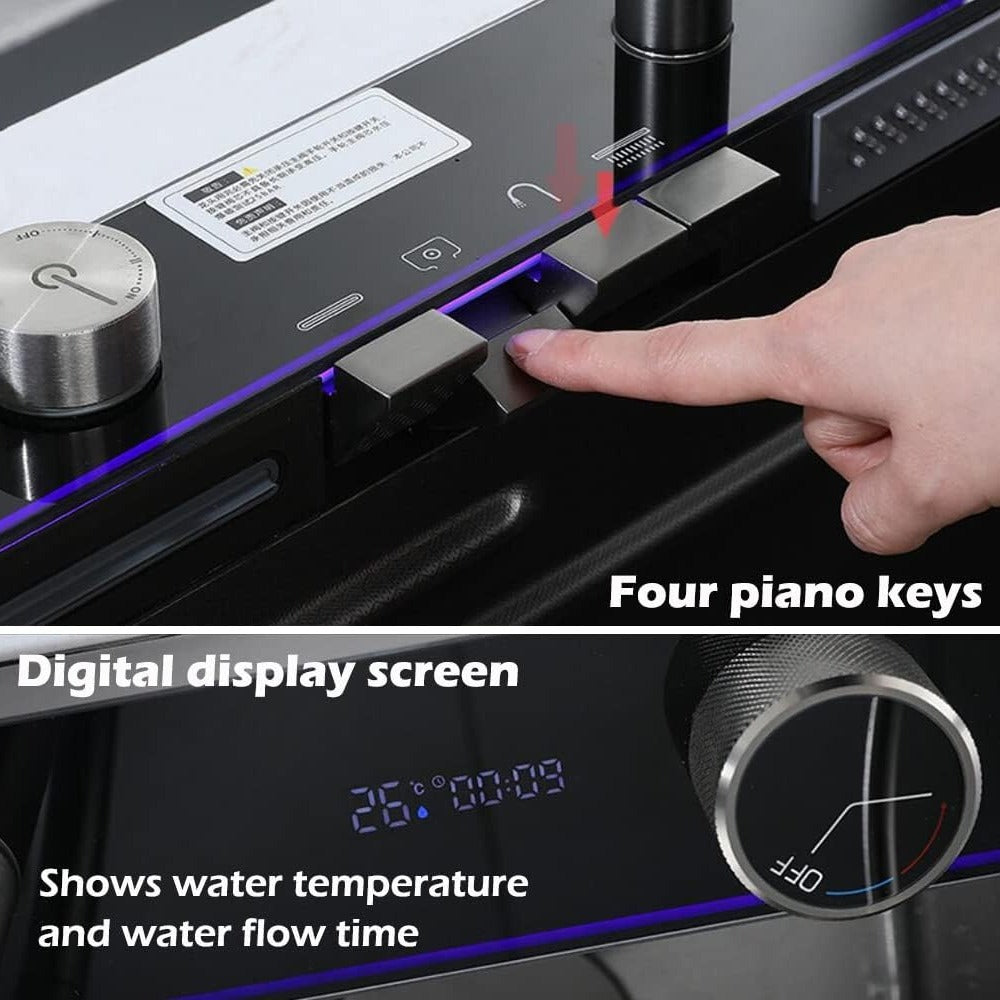 BRONCHO 33X22 INCH Two Waterfalls Nano Kitchen Sink, Stainless Steel Smart Kitchen Sinks, Multifunctional Workstation Kitchen Sink with Digital Display Pull-Out Faucet and Accessories