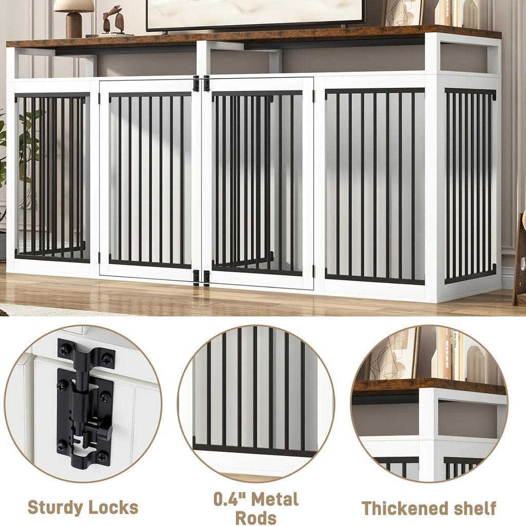 87In Farmhouse Style Dog Crate TV Stand | Wooden Dog Kennel Furniture with 2 Doors, Large Capacity for 2 Dogs, Solid Metal Tube & 4 Lockable Doors