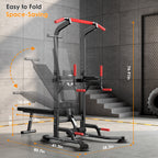 Pull Up Bar Dip Station, Power Tower with Folding Dumbbell Bench & Backrest, Adjustable Height Pull Up Bar Stand, Multi-Function Home Gym Strength Training Fitness Equipment 330LBS