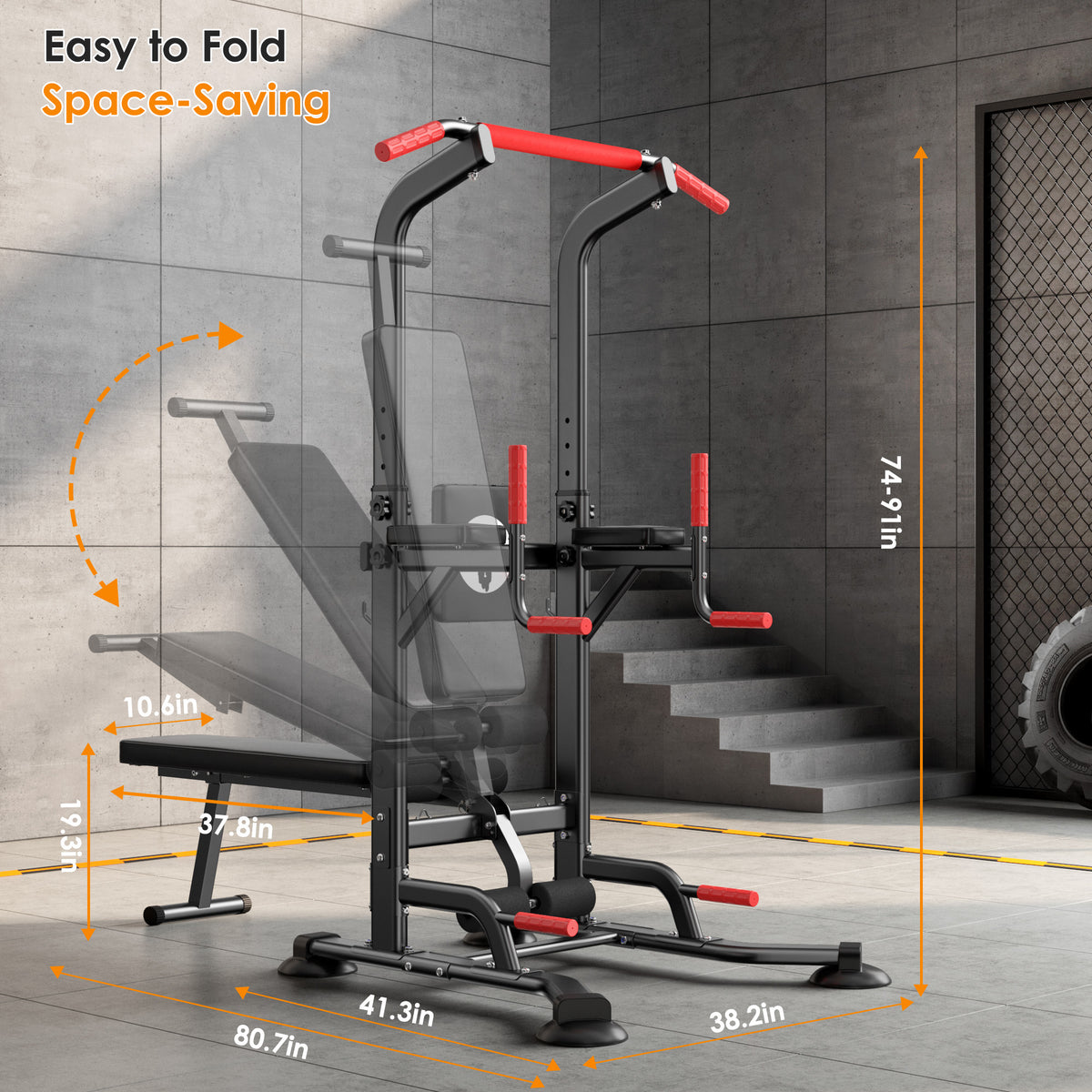 Pull Up Bar Dip Station, Power Tower with Folding Dumbbell Bench & Backrest, Adjustable Height Pull Up Bar Stand, Multi-Function Home Gym Strength Training Fitness Equipment 330LBS