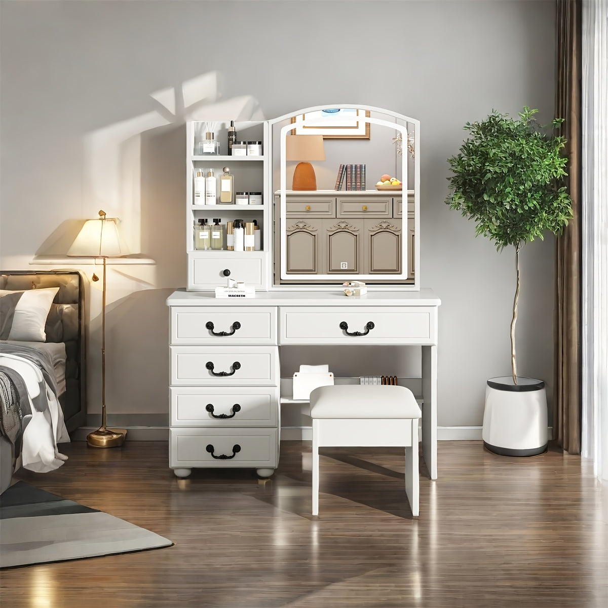 White Dressing Table with Sliding Mirror And Stool 4 Drawers Home High-End Bedroom Dressing Cabinet Integrated Small Apartment