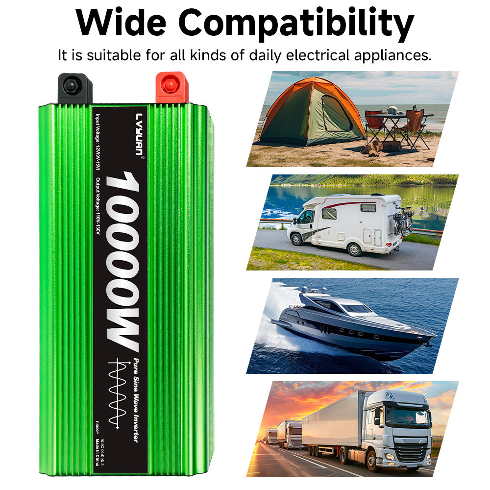 Pure Sine Wave Inverter 10000 Watt (Peak) Vehicle Power Inverter, Converts 12 Vdc to 110 Vdc to 120 Vdc, with LCD Display, Remote Control and Troubleshooting, 4 US Sockets for Car Onboard Chargers, for Home Solar Systems, RV's, and Vans, without Batteries