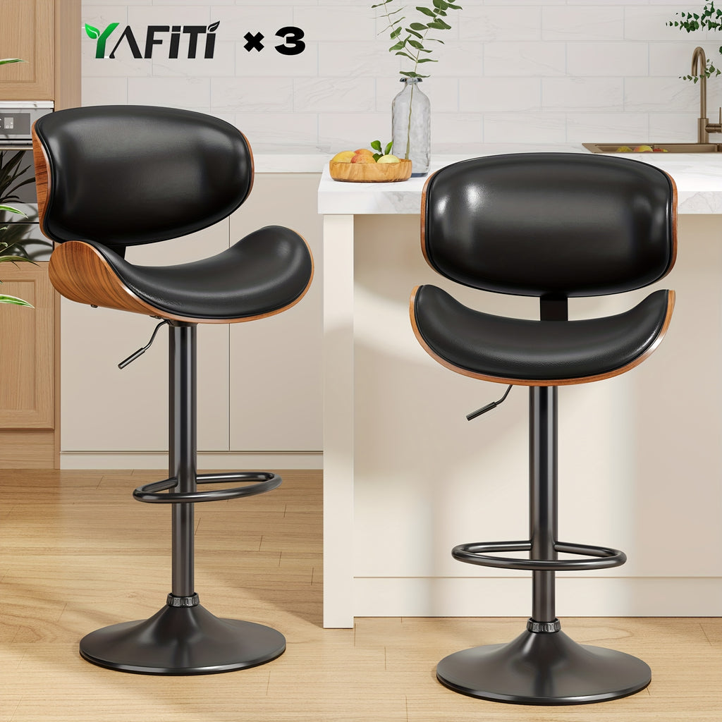 3pcs Modern Faux Leather Upholstered Bar Stools, 360° Swivel Adjustable Height with Backrests, Metal Tall Bar Stools Counter Height for Kitchen Island, Hydraulic Island Barstools