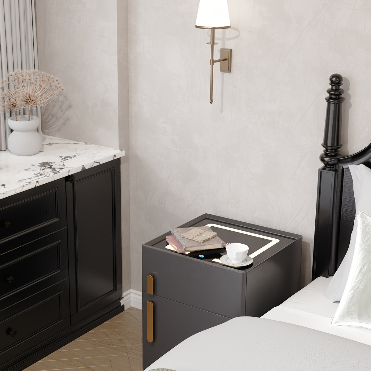 Modern 4 in 1 Wireless Charging Bedside Cabinet with Large Capacity, LED Three-Color Changing Light, Office Storage Cabinet with Drawers Combination Lock, Bedside Cabinet, Bedside Table, Sofa Side Table, Space-Saving, No Assembly Required