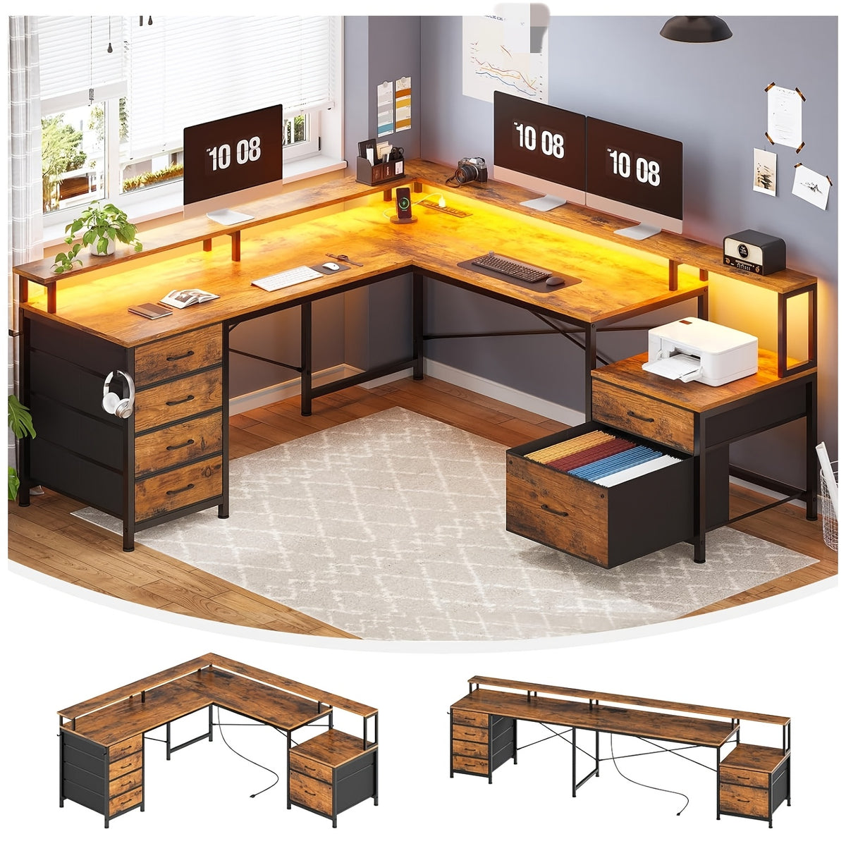 L-Shaped Desk – Reversible Workspace Desk for Two-Person Computer Setups with Six Drawers and LED Lighting