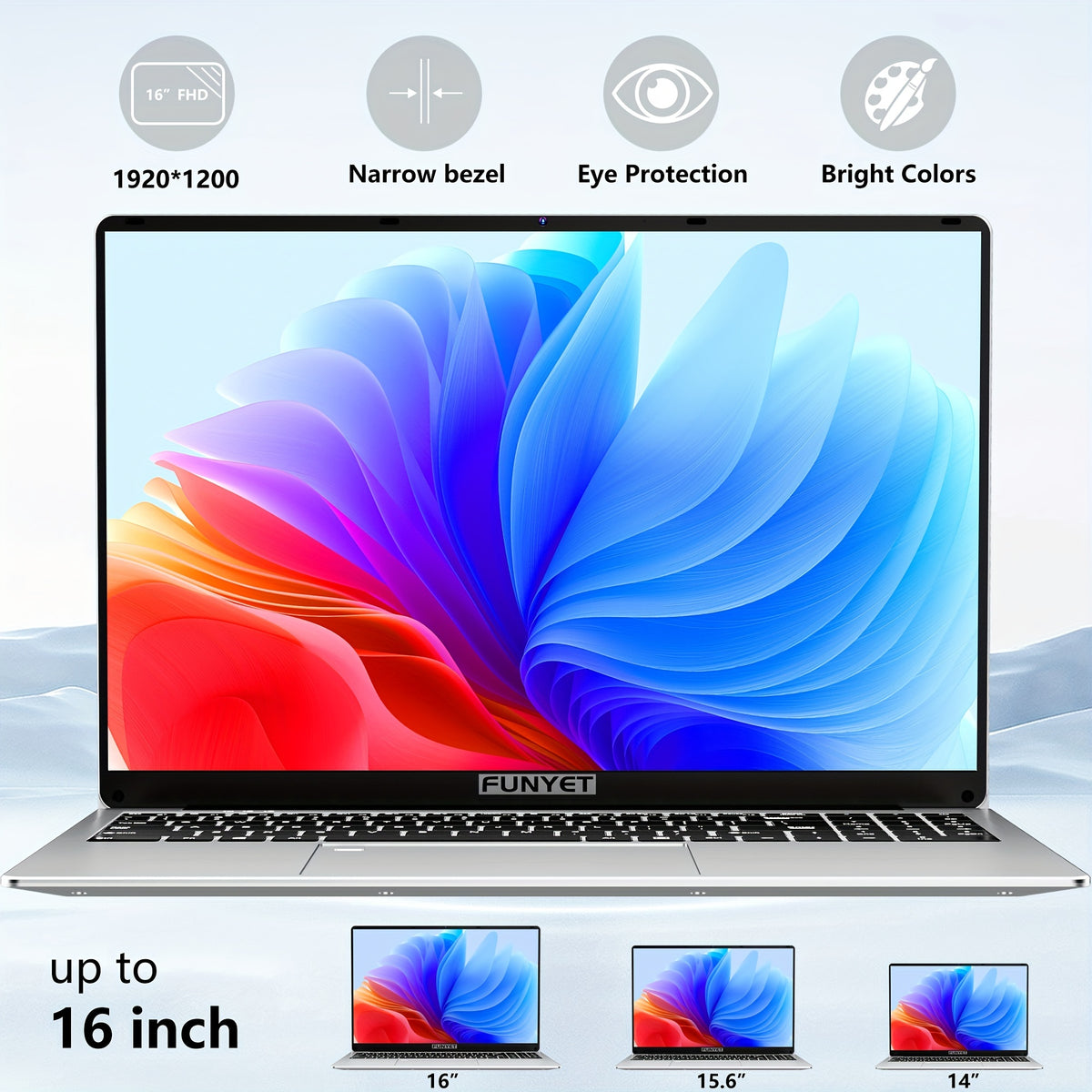 FUNYET 16 Inch Laptop Computer, Gaming Laptop, Intel 12th Gen N95 Processor(up to 3.4GHz), FHD 1920 * 1200, 180 Angle Opening, Fingerprint Unlock, Backlit Keyboard