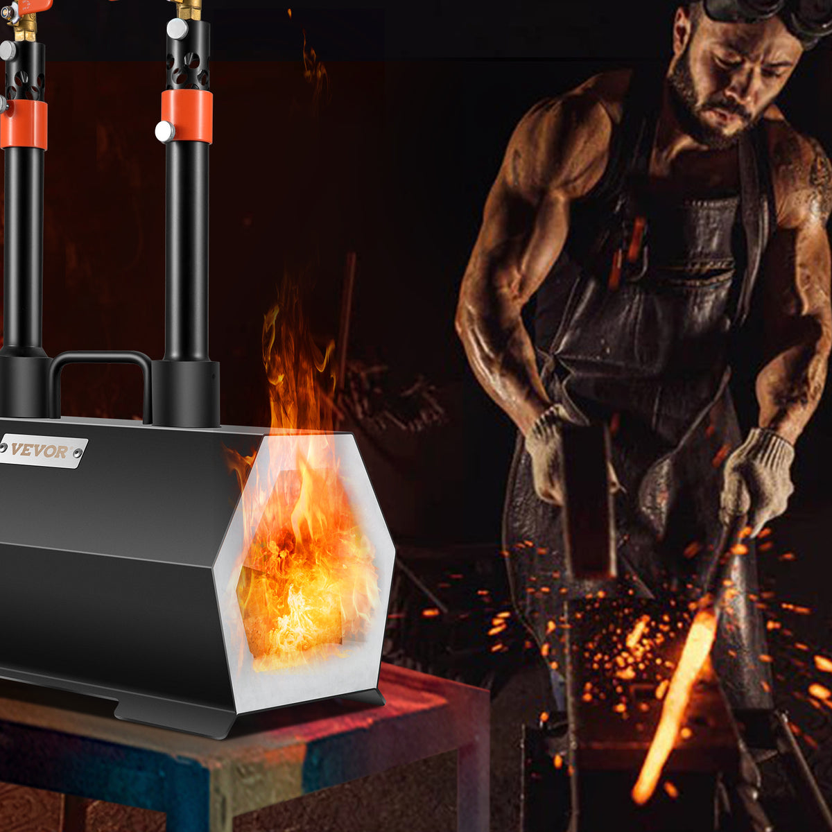VEVOR Propane Forge Portable, Single Burner/Double Burner Tool and Knife Making, Large Capacity Blacksmith Farrier Forges, Mini Furnace Blacksmithing, Gas Forging Tools and Equipment, Complete Kit