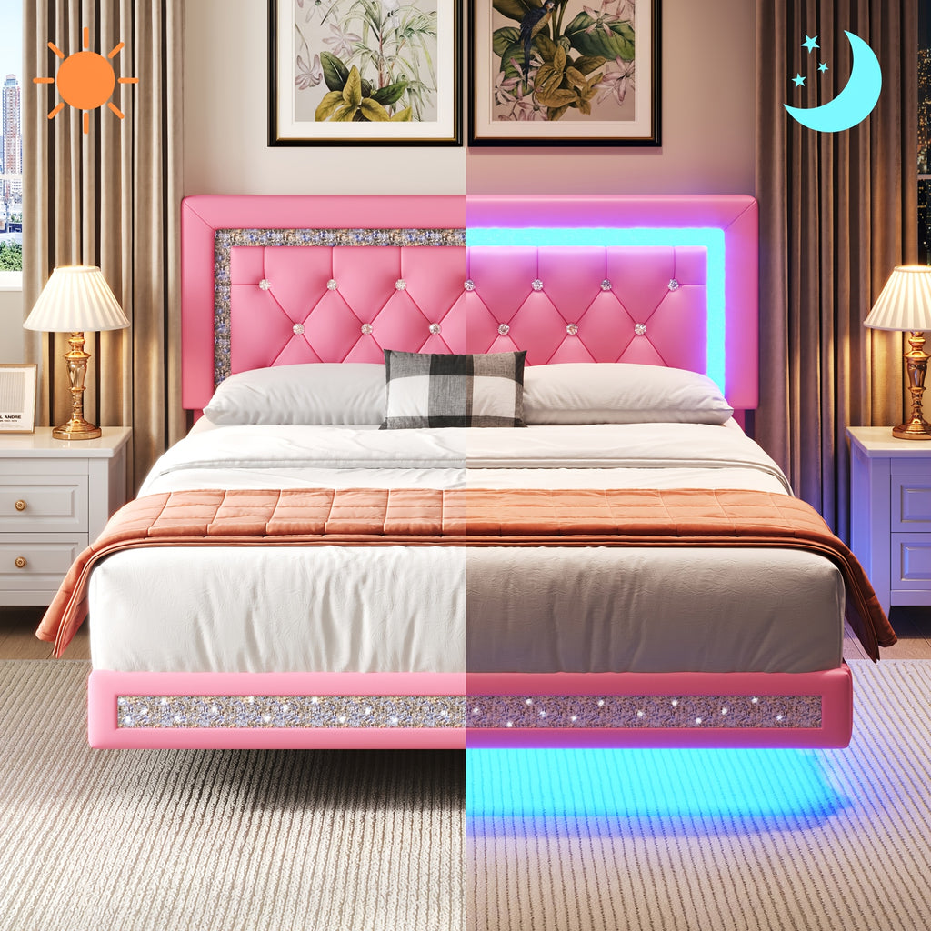 MRAEER Diamond Quilted Velvet Silent Full/Queen Bed Frame | LED Lights, Diamond Quilted Footboard, Adjustable Headboard, No Mattress Required, Easy Assembly, Available in Pink/White/Black, Powered, Contemporary Style, Christmas Gift