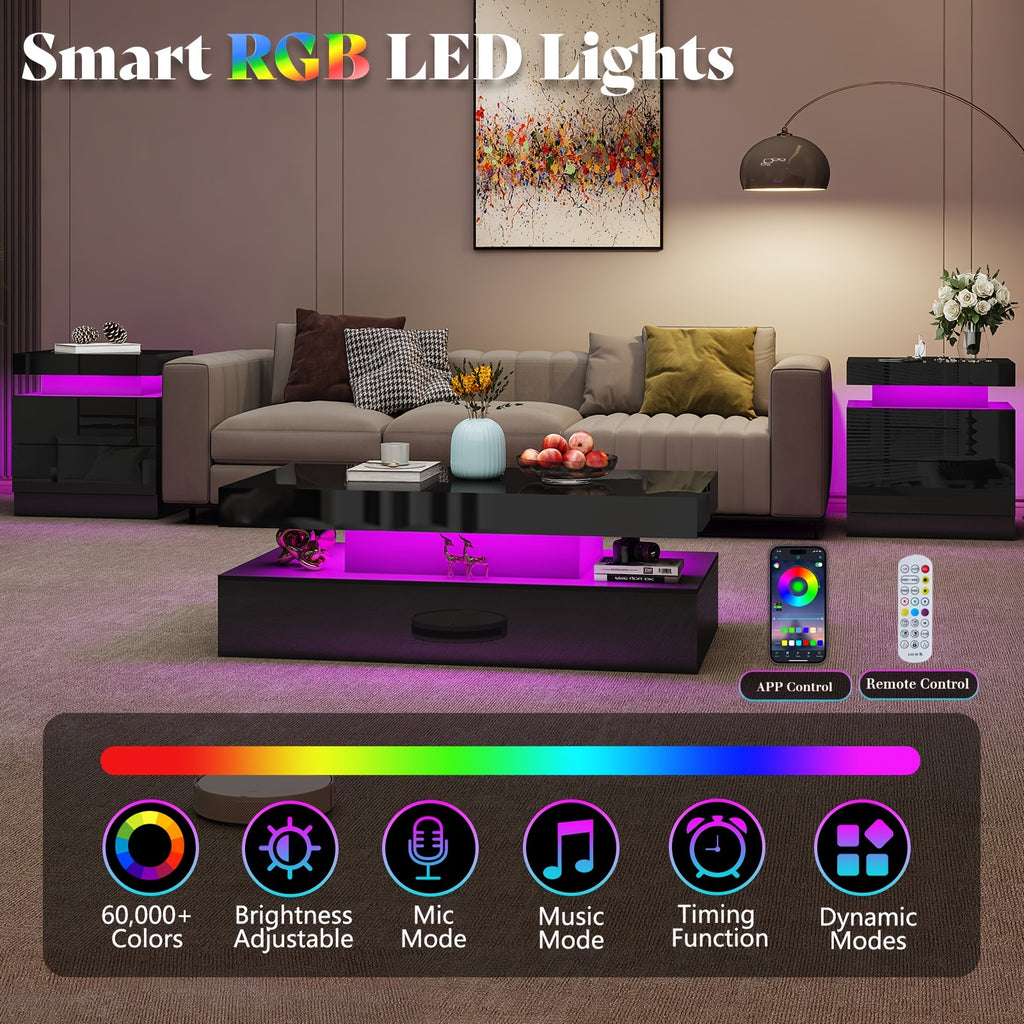 High Gloss LED Nightstand Set of 2 with Charging Station, Modern Bedside Table Night Stand with LED Lights