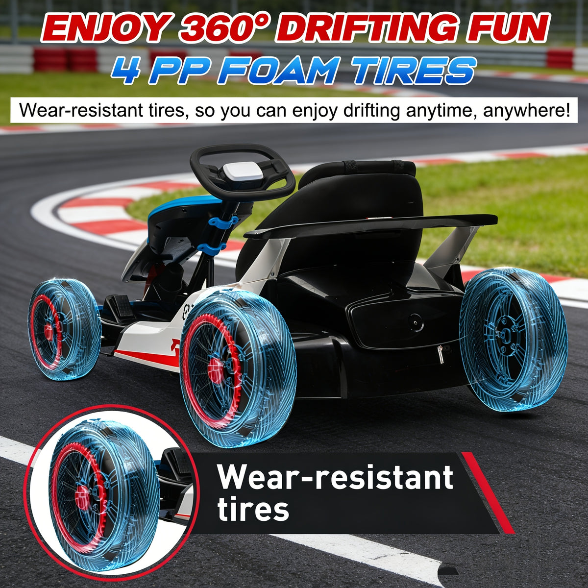 Kids Electric Ride-On Car with 4 PP Foam Tires, 110LBS Max Load, 5-Point Seat Belt, Music Mode & Dual Brake - Exciting Racing Experience for Ages 6+ (Red/Blue)