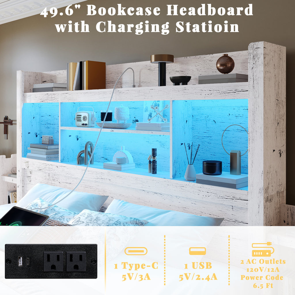 PAPABABE Bed Frame With 49.6 Inch Bookcase Headboard, 4 Drawers And 2 Detachable Storage Racks - Farmhouse Wood Bed Frame With RGB LED Lights And Charging Station, No Box Spring Needed