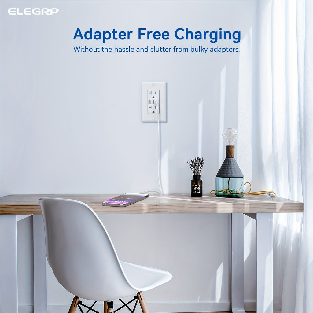 12pcs set of ELEGRP, white USB socket with 3 USB ports and 20A wall plug, dual USB C port socket, TR tamper-proof USB socket including wall plate