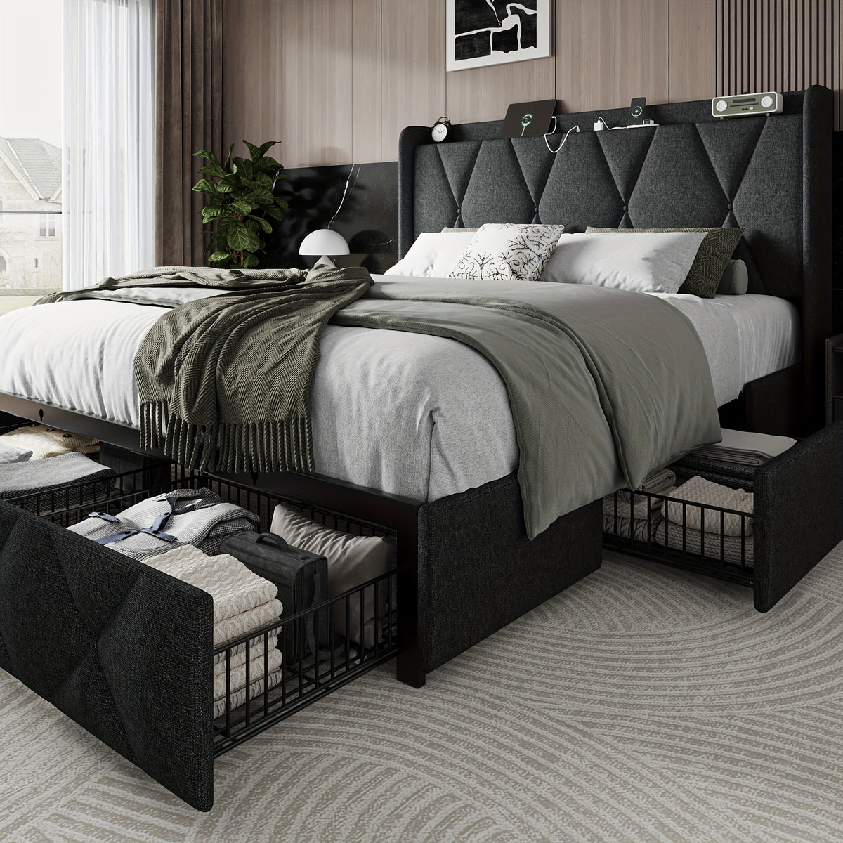 Halence 4 Drawers Storage Bed Frame With Wingback Headboard, Headboard With Built-in Charging Design, Metal And Hardwood Support, Easy Assembly, Suitable For Master Bedroom, Bed Frame Without Mattress