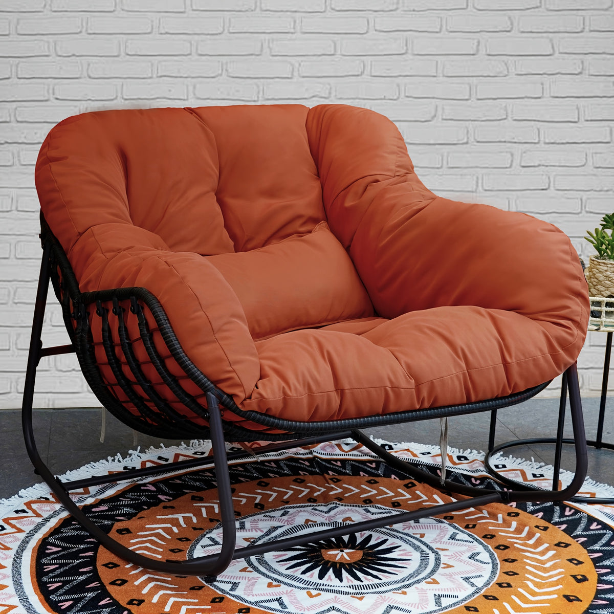 Papasan Rocking Chair Outdoor, All Weather Wicker Papasan Patio Chair with Cushion And Pillow, Heavy Duty Metal Oversized Papasan Rocker Egg Chair for Garden, Patio