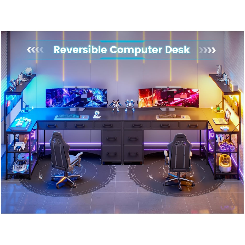 L-Shaped Computer Desk for Small-Space Work and Gaming, Featuring Reversible Shelves and App-Controlled RGB Lights