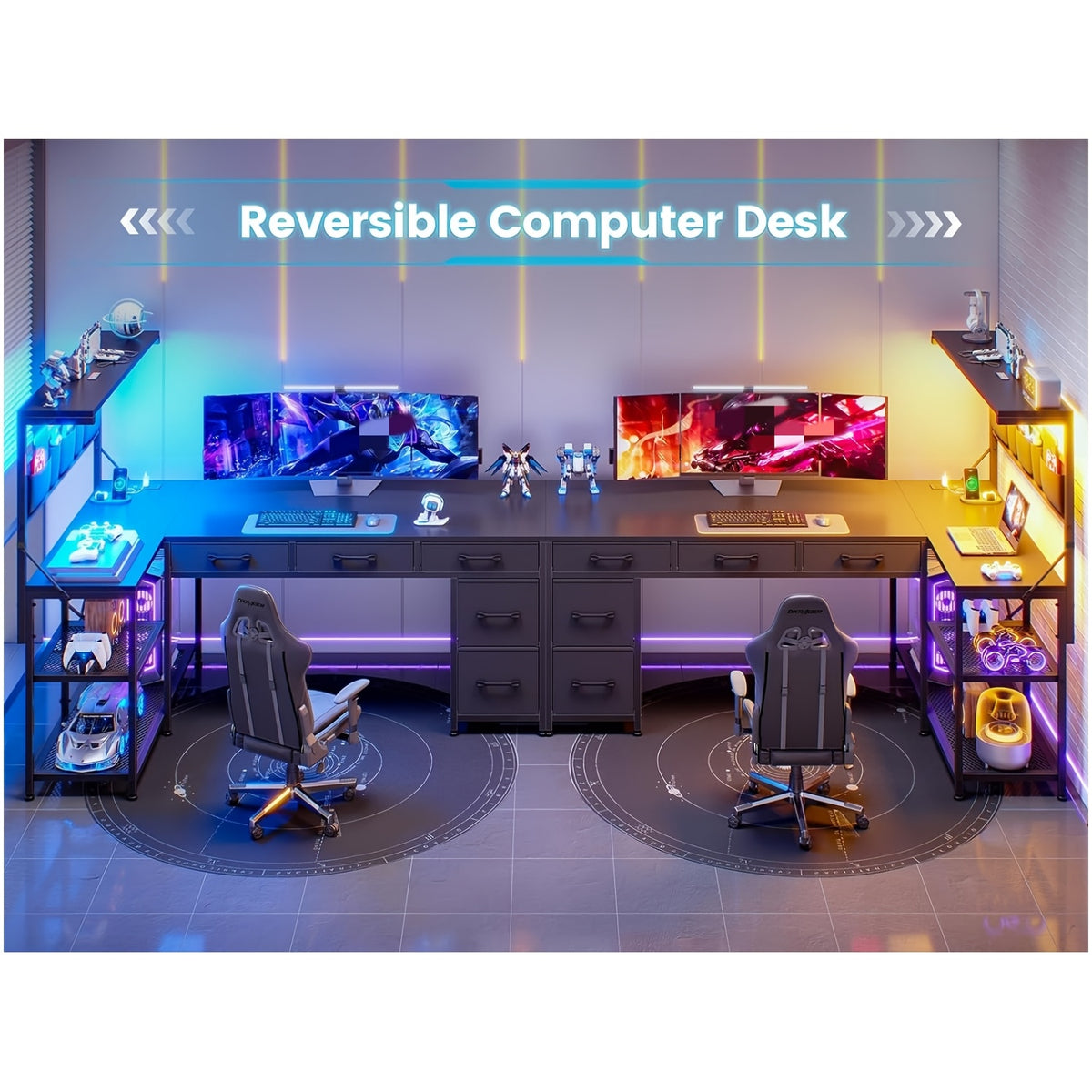 L-Shaped Computer Desk for Small-Space Work and Gaming, Featuring Reversible Shelves and App-Controlled RGB Lights
