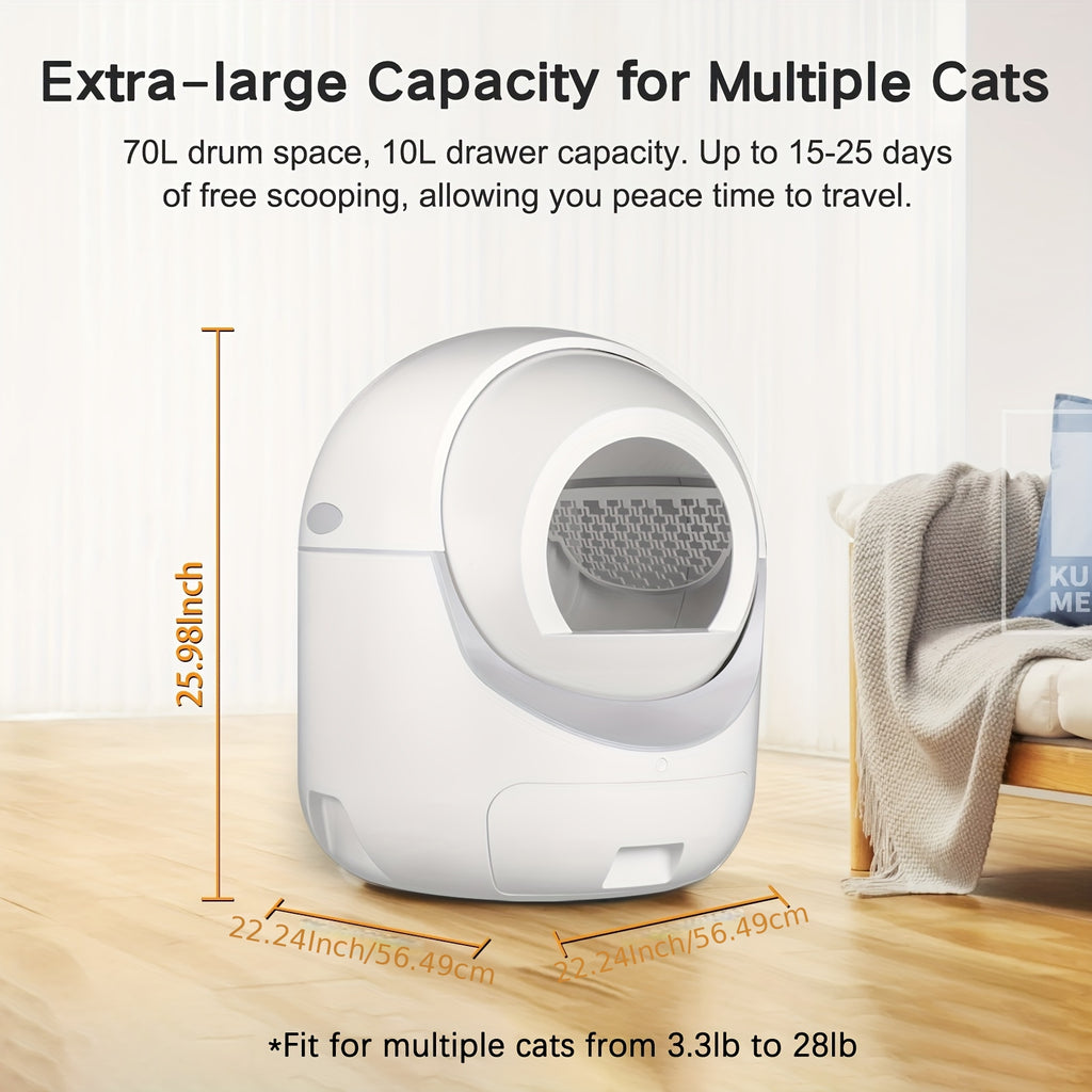 Self Cleaning Cat Litter Box, Automatic Cat Litter Box with APP Control Odor Removal Safety Protection for Multiple Cats, with Garbage Bags