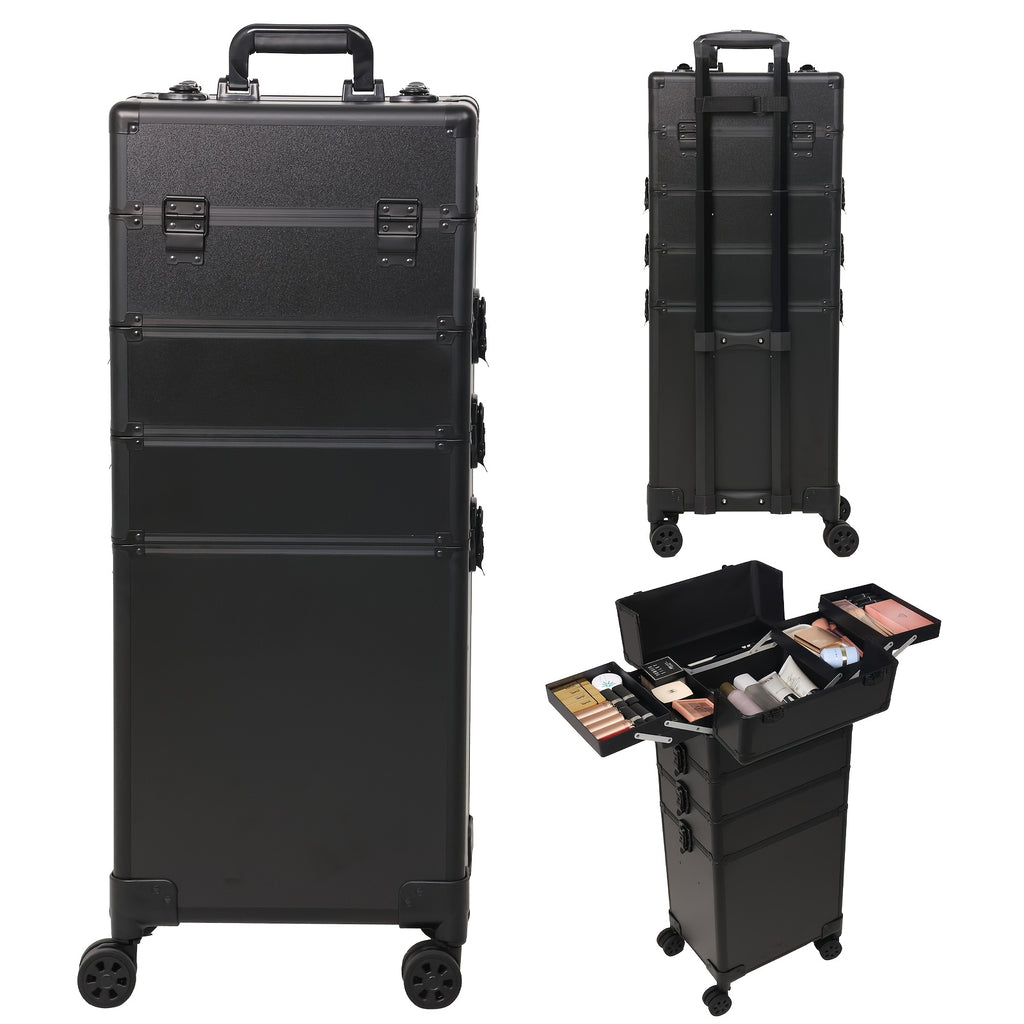 4 in 1 Professional Rolling for makeup Train Case | Extra Large Black Aluminum Cosmetic Trolley with Detachable Modular Design and 360° Swivel Wheels for Makeup, Nail, and Tattoo Artists | Ideal Christmas Gift for Hairdressers/Beauticians
